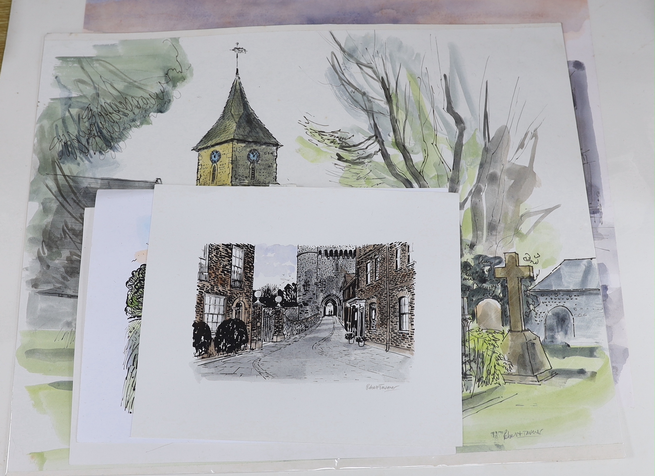 Robert Tavener (1920-2004) two ink and watercolours, each signed, together with three colour lithographs, each signed in pencil, Street scenes, unframed, largest 38 x 45cm